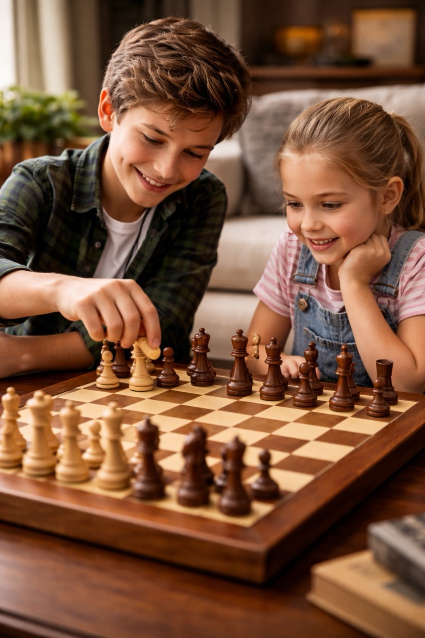 Two siblings playing chess in warm window light